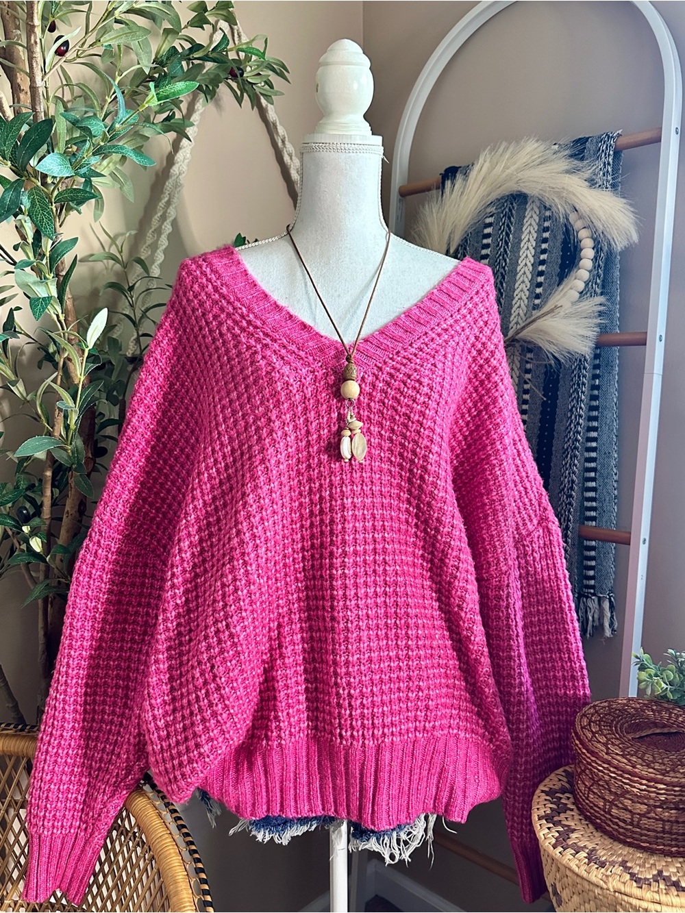 American Eagle Pink Cozy Oversized V-Neck Chunky Knit Sweater XL